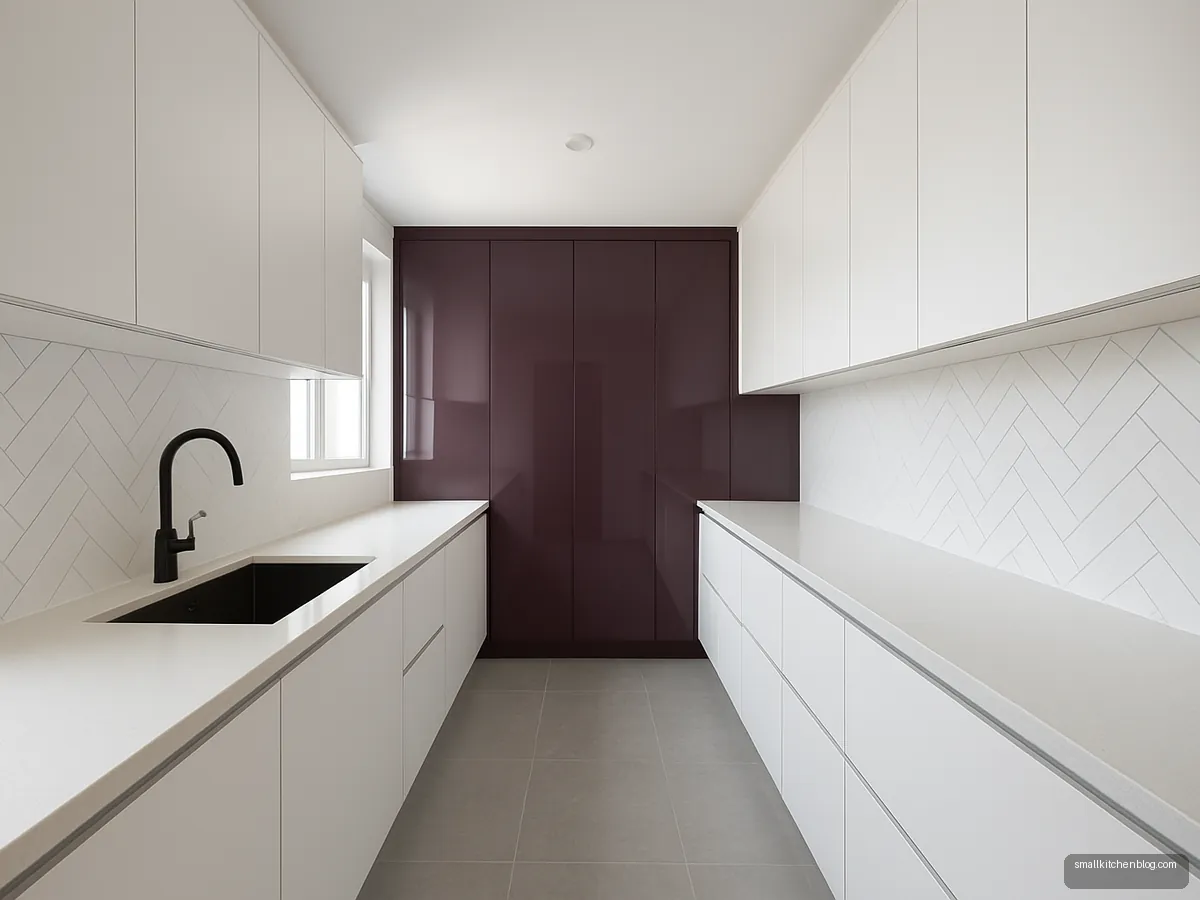 White parallel kitchen with plum tall units at the end