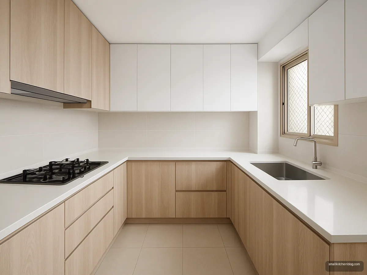 Light ash wood parallel kitchen with white counters