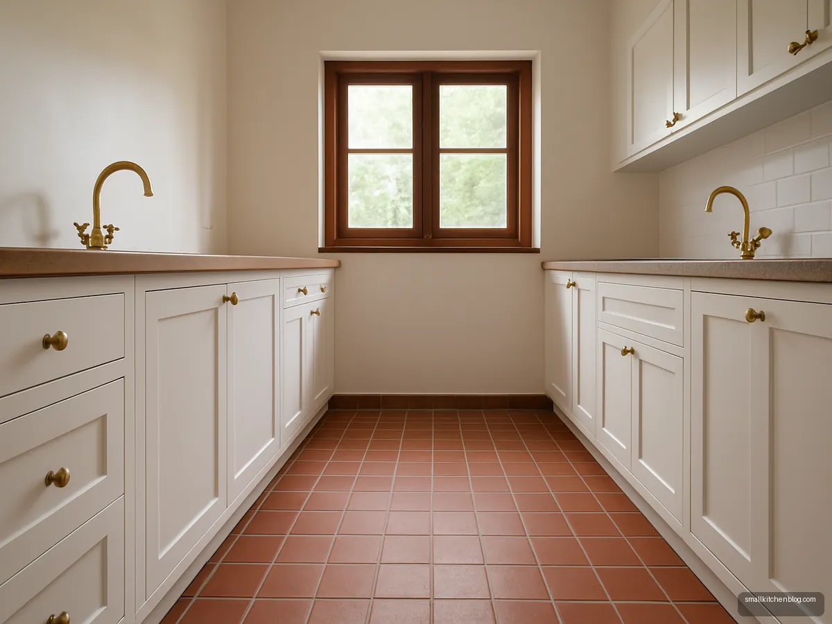 White galley kitchen with terracotta floor tiles
