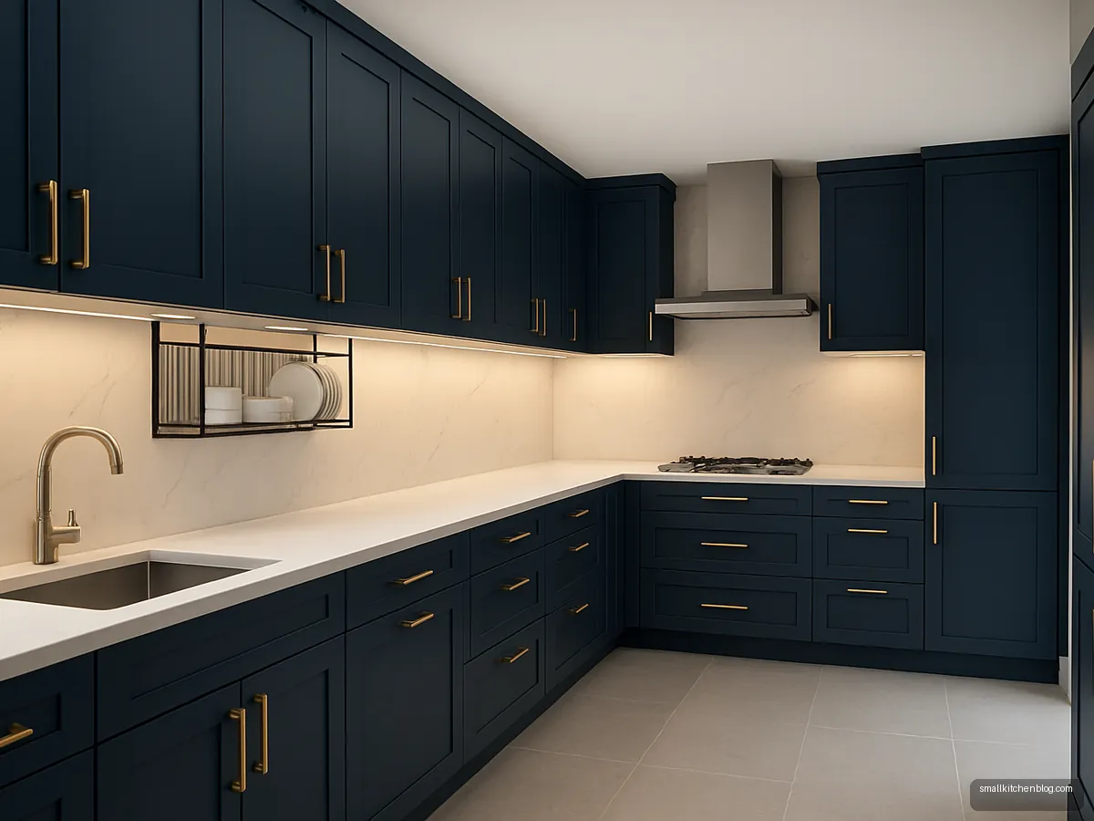 Midnight blue wide galley with brass handles