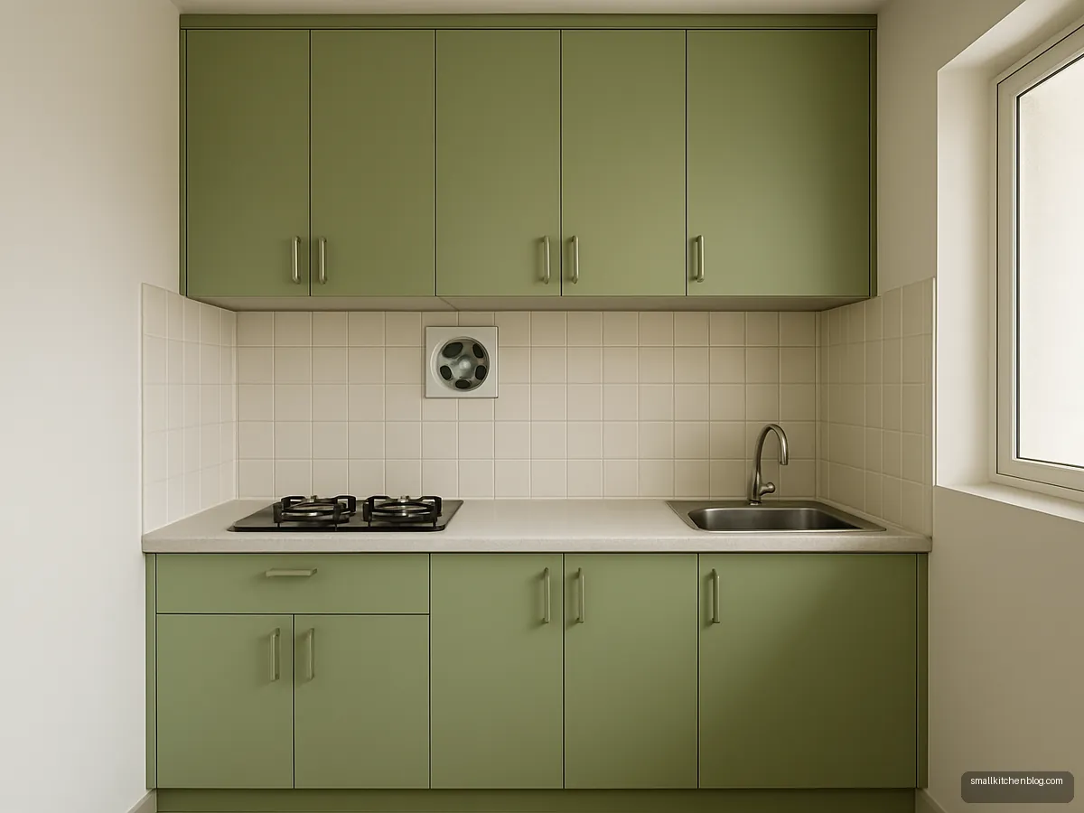 Pistachio straight kitchen with a loft row to the ceiling