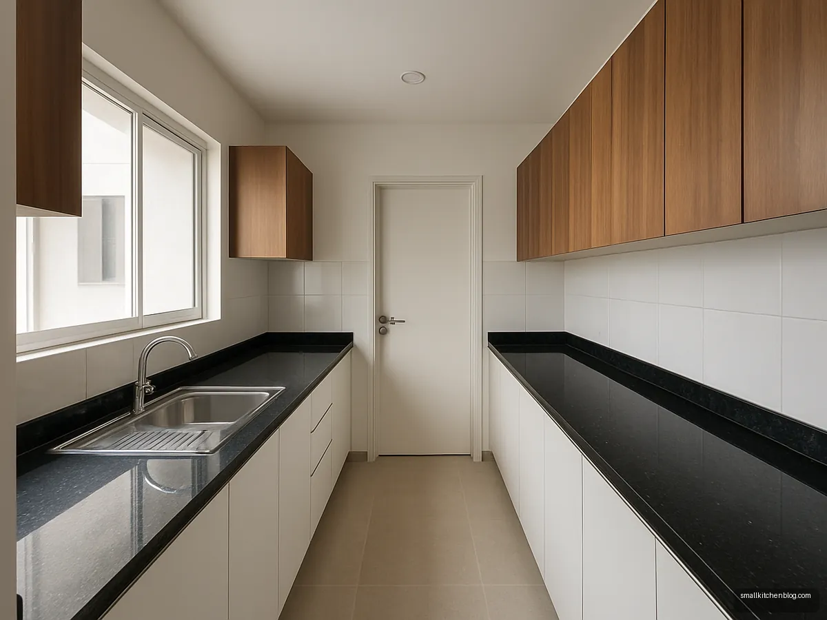 Galley kitchen with black granite counters and teak upper cabinets