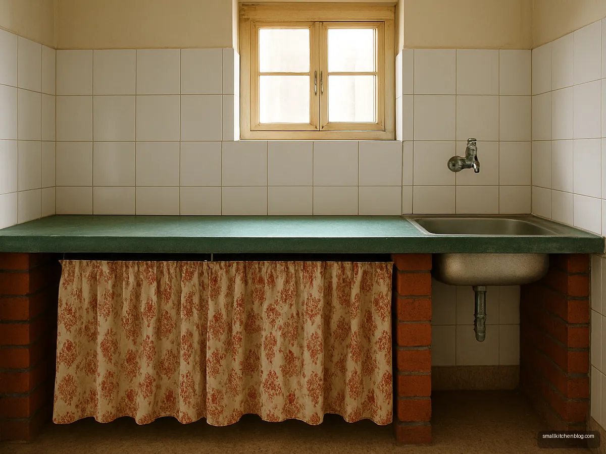 Kota stone kitchen platform with cotton curtains below