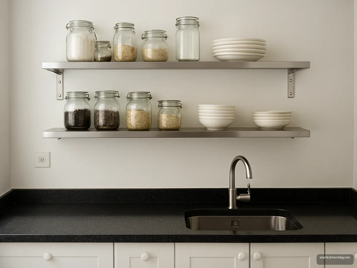 Simple kitchen with two open stainless steel shelves