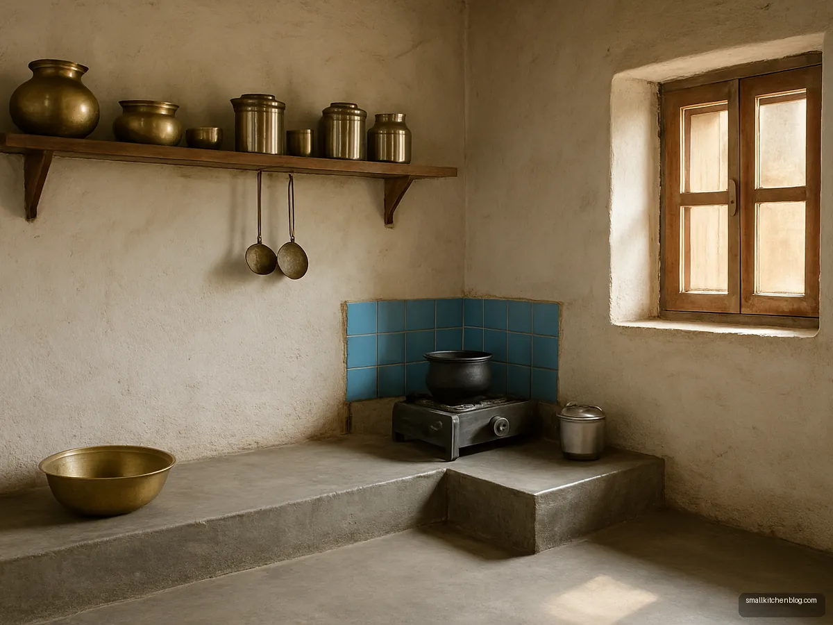 Village style kitchen with whitewashed walls and cement platform