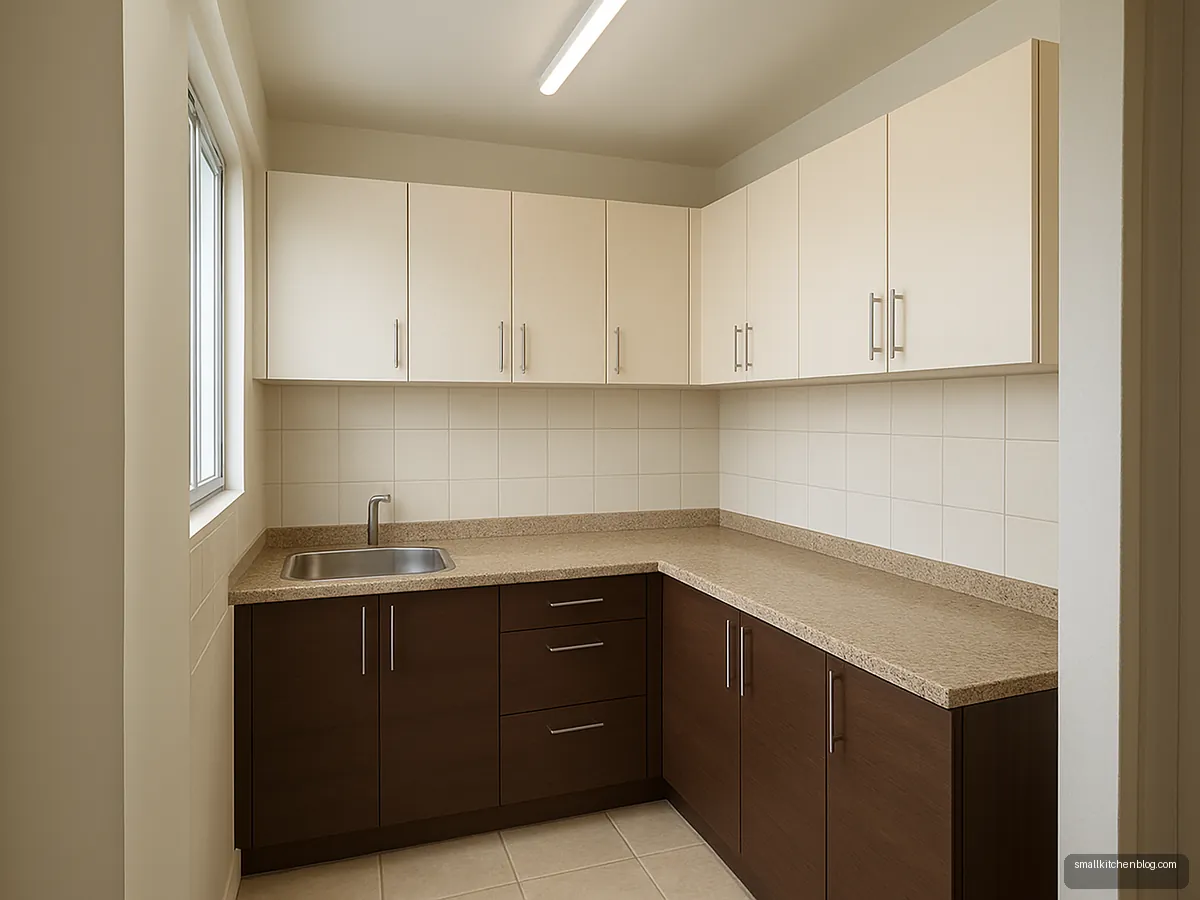 Brown and ivory laminate kitchen with beige granite