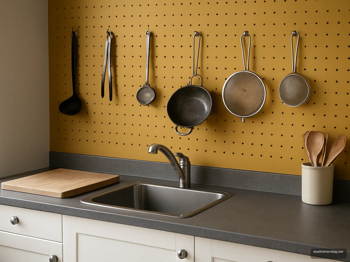 Mustard pegboard wall with kitchen tools on hooks