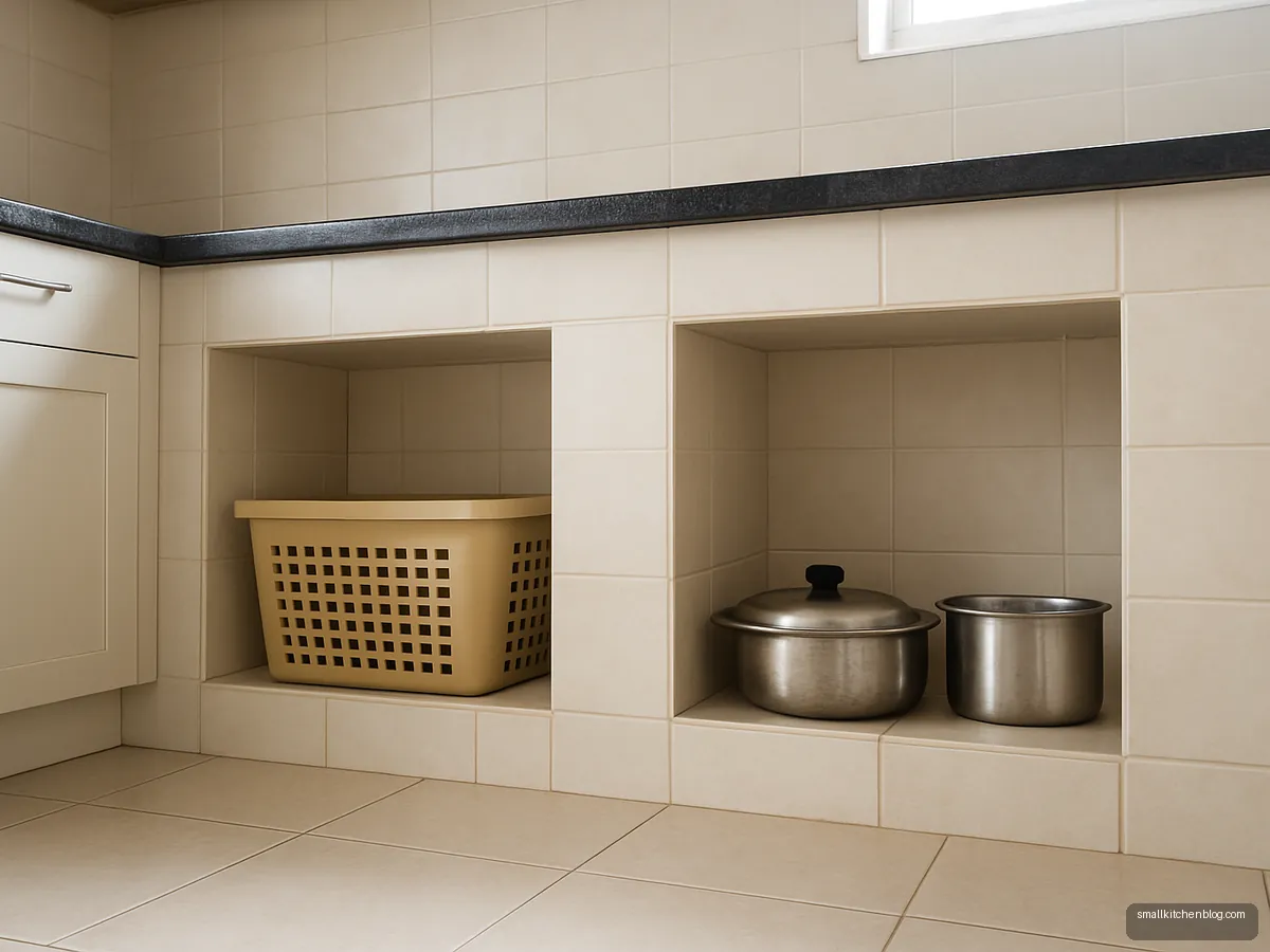 Tiled niches under kitchen platform with baskets