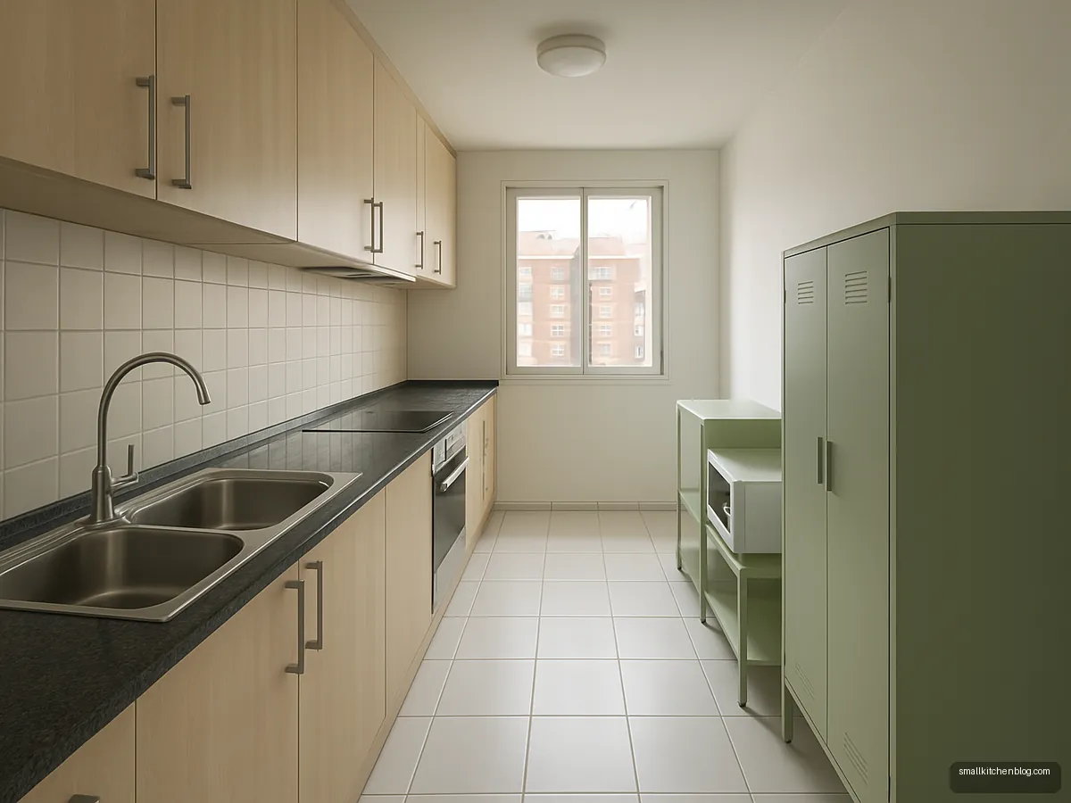 Rental kitchen with freestanding green metal cabinet