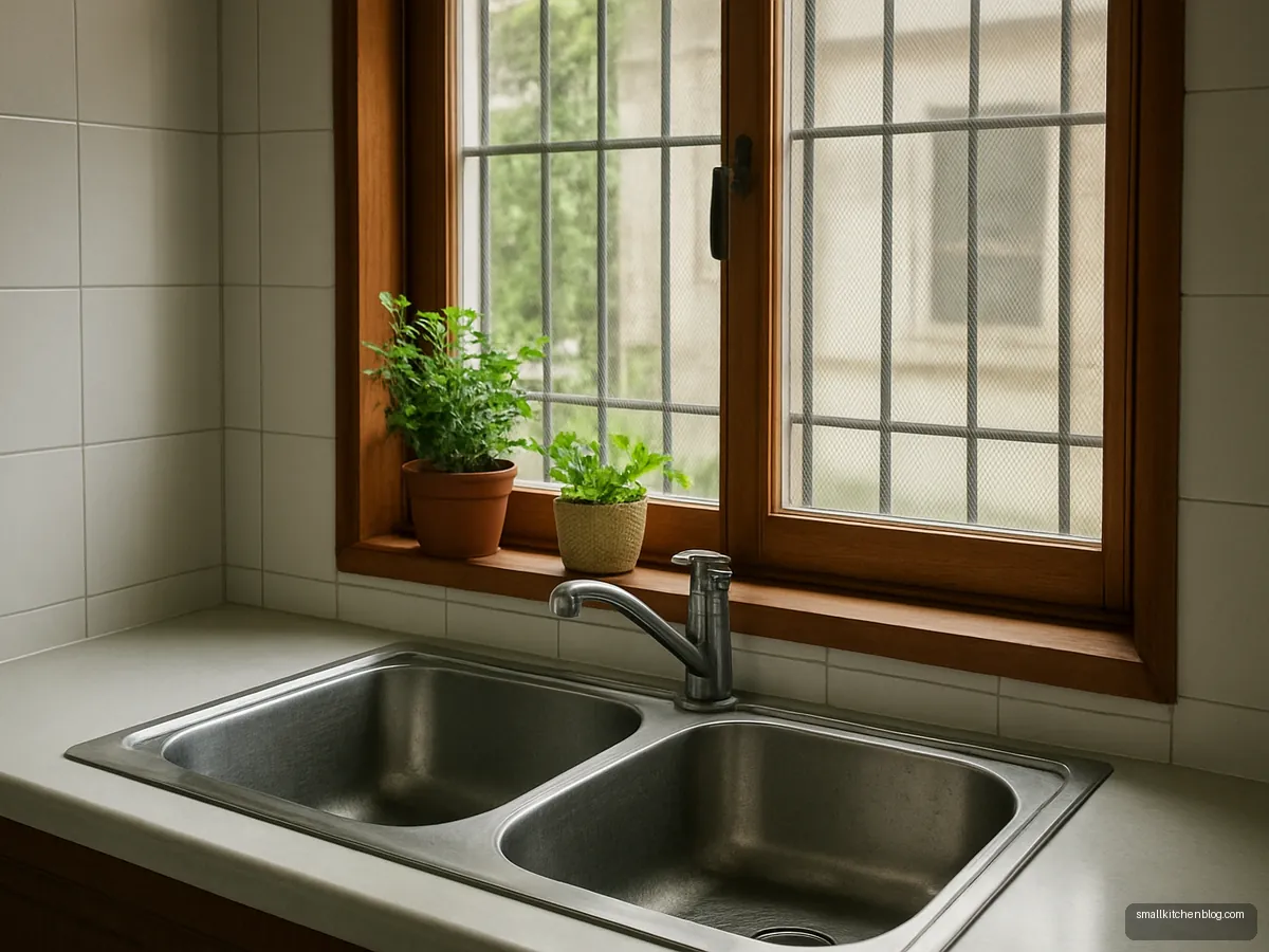 Steel sink under a sunny kitchen window