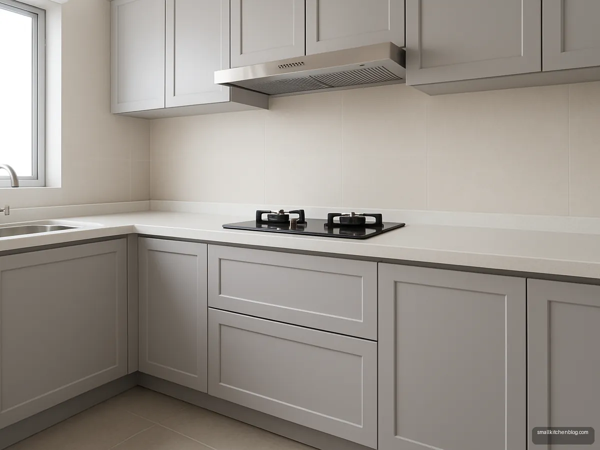 Light grey membrane shutter kitchen with white counter