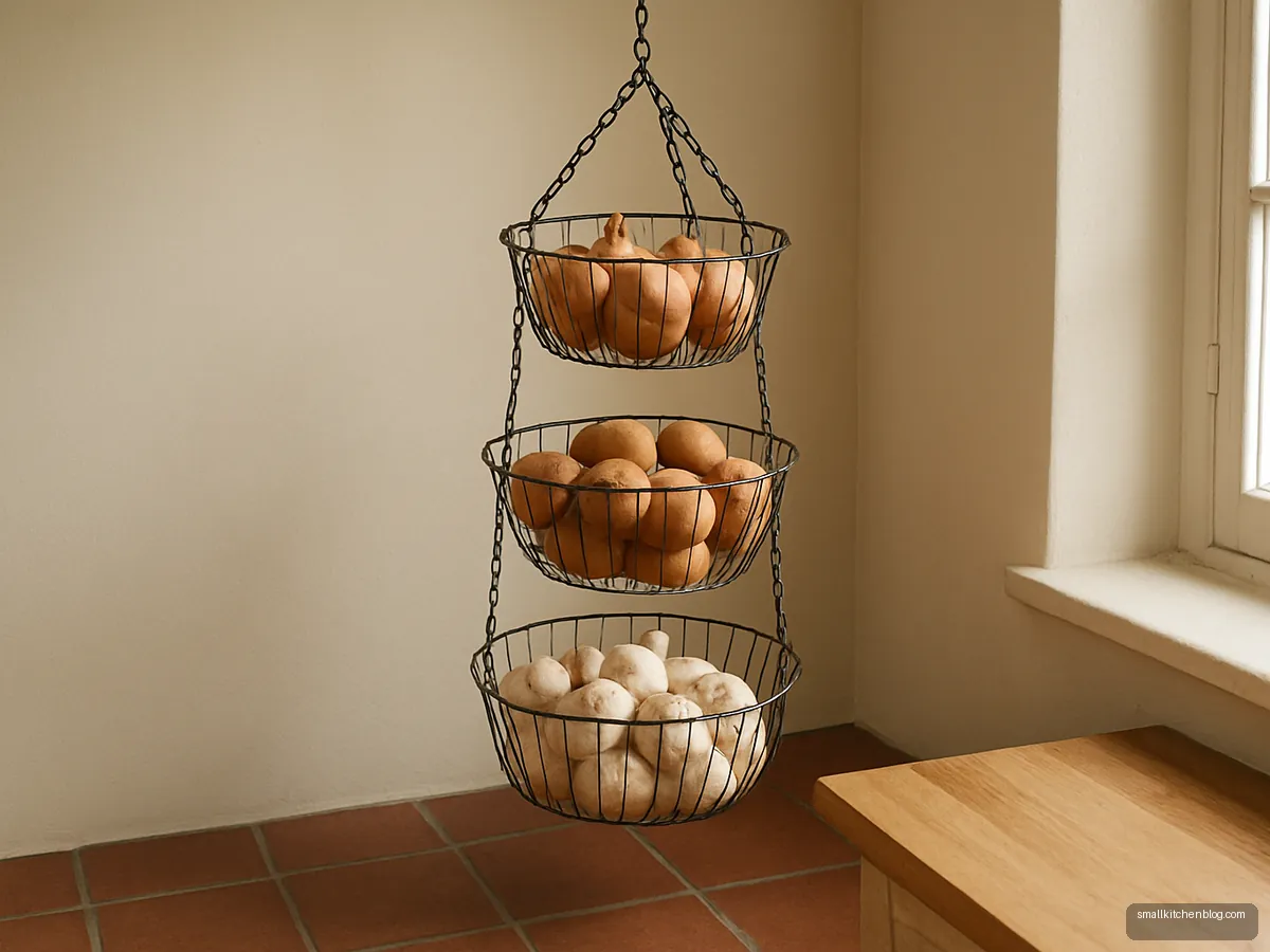 Hanging wire baskets with vegetables in a kitchen corner