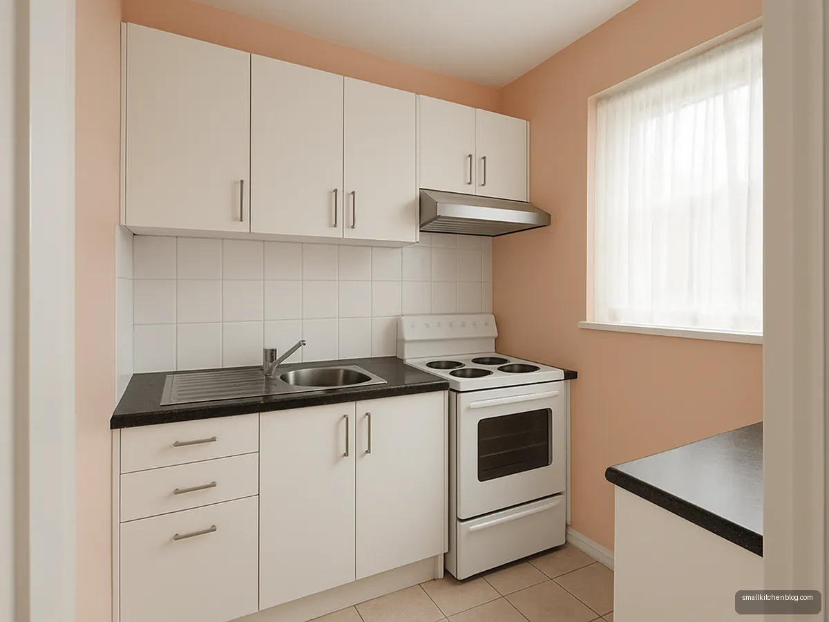 Small kitchen with peach walls and white cabinets