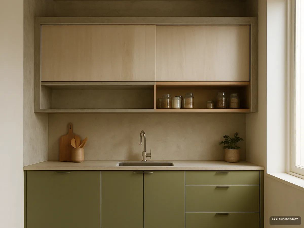 Kitchen with concrete loft and single open wooden rack