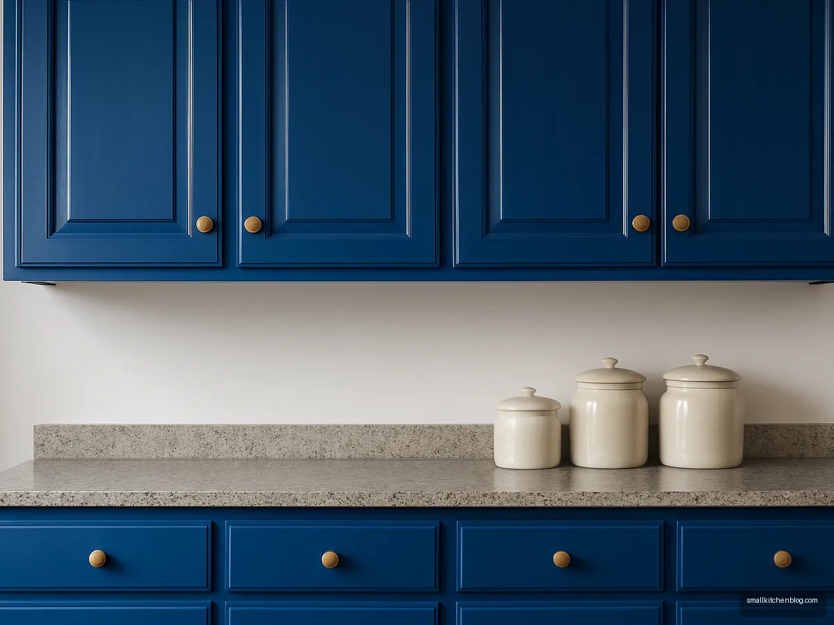Old kitchen cabinets repainted cobalt blue with brass knobs