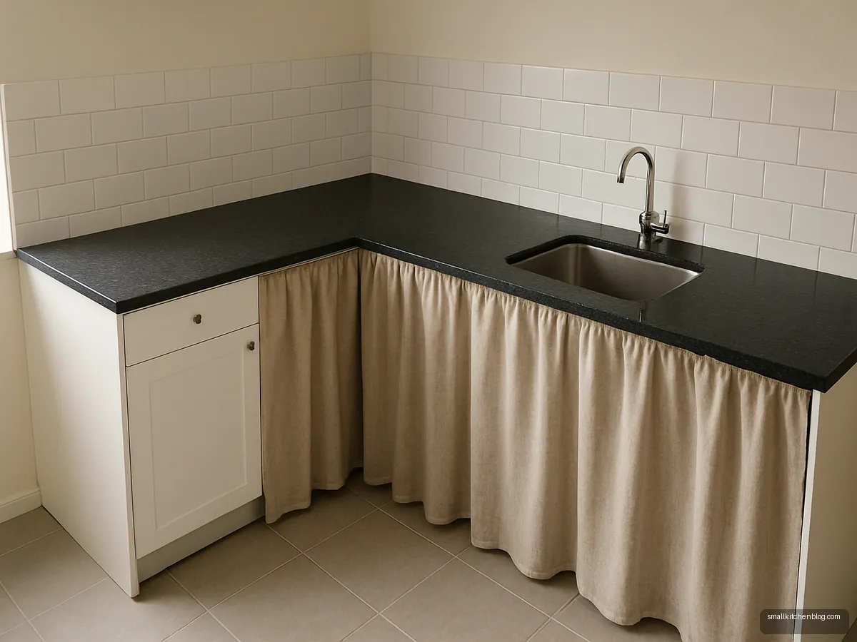 L-shaped platform with one cabinet and linen curtains