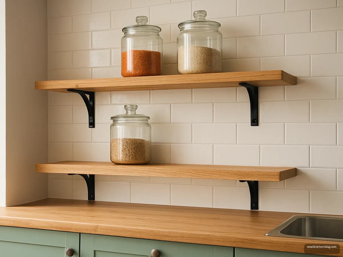 Pine plank shelves with glass jars above green cabinets