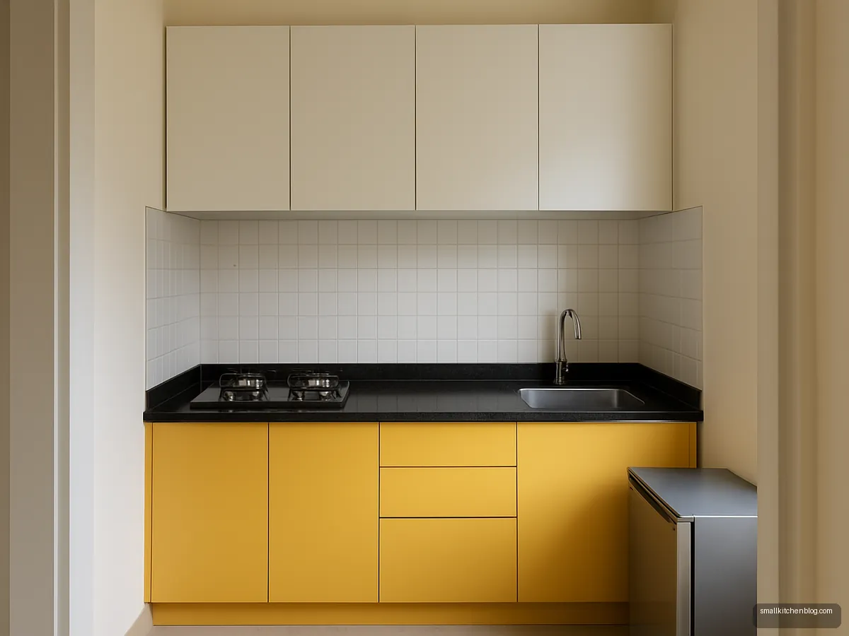 Small straight kitchen with butter yellow base cabinets and white wall units in a studio flat