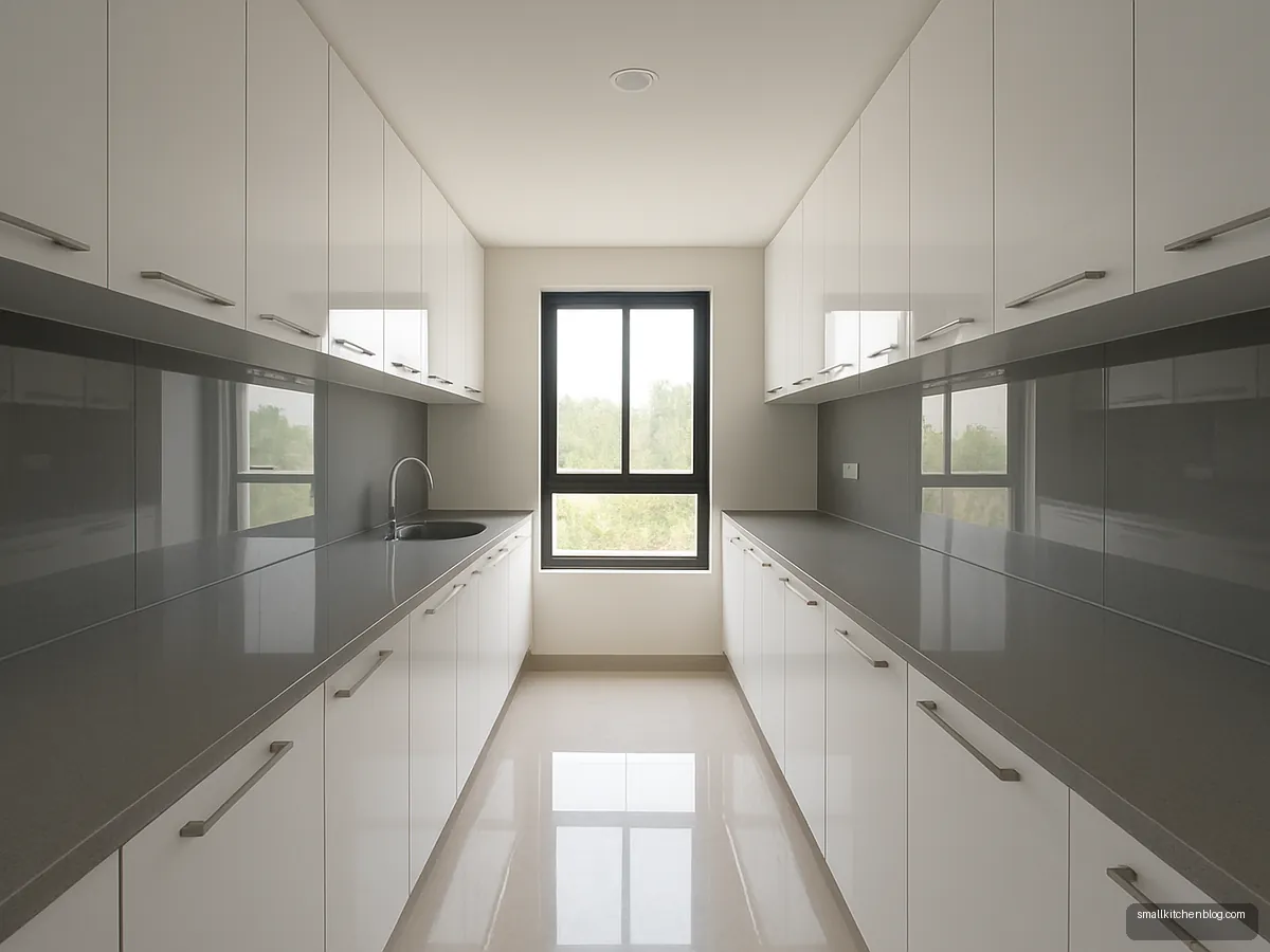 Narrow white gloss parallel kitchen with a window at the far end