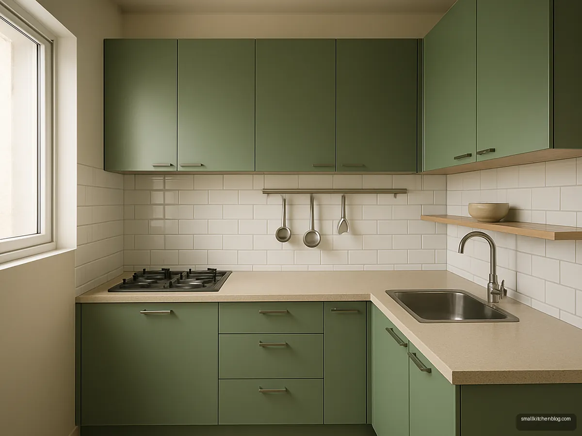 Small sage green L-shaped kitchen with steel hanging rail and open shelf