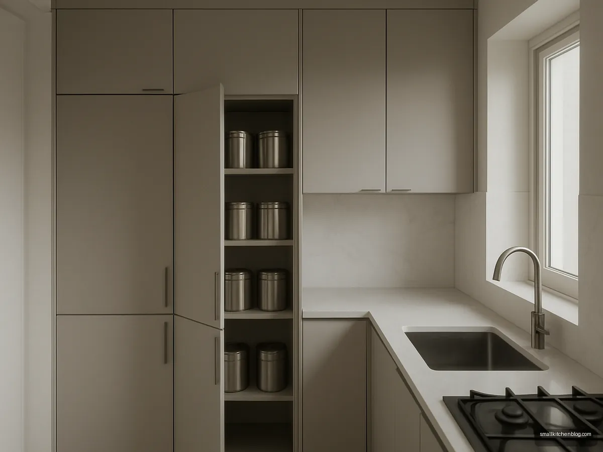 Wall of tall greige pantry units with one door open in a small kitchen