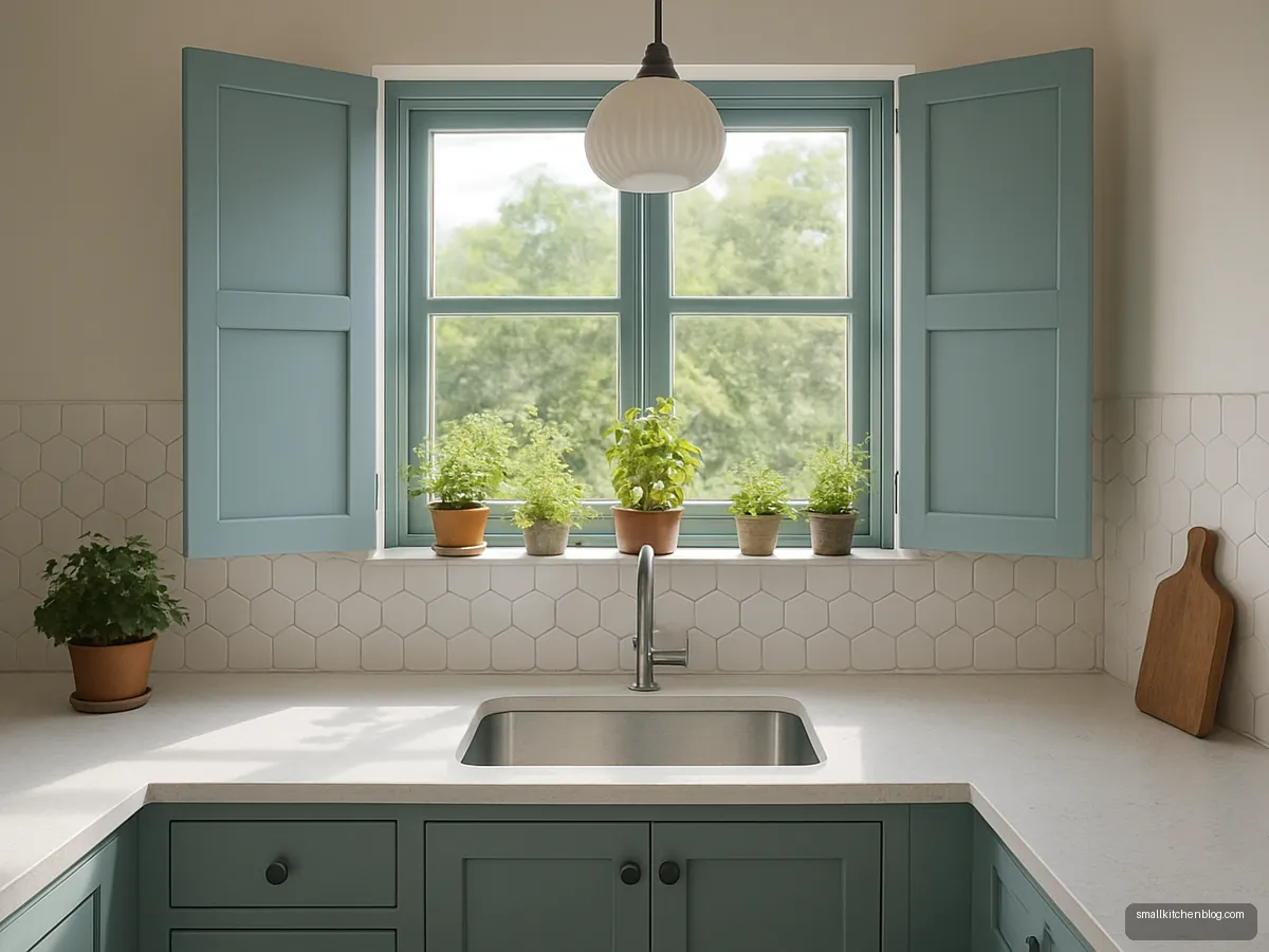 Powder blue small kitchen with sink under a wide window and herbs on the sill
