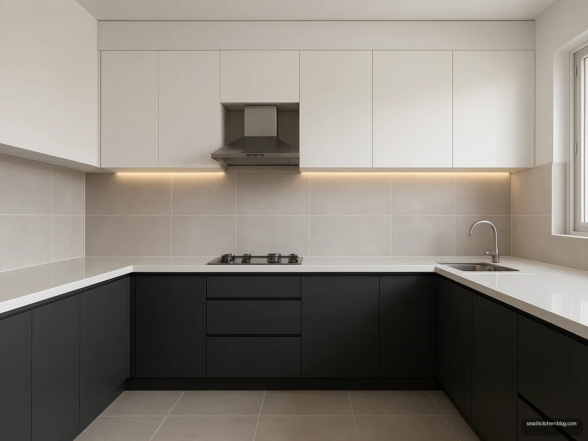 Two-tone small kitchen with charcoal base cabinets and white uppers