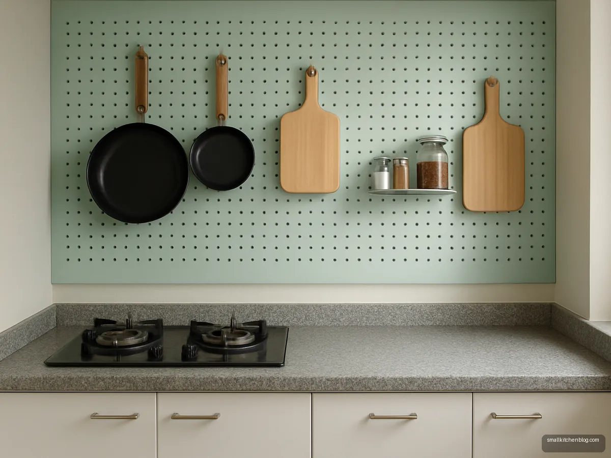 Mint pegboard wall with pans and spice jars above a narrow counter