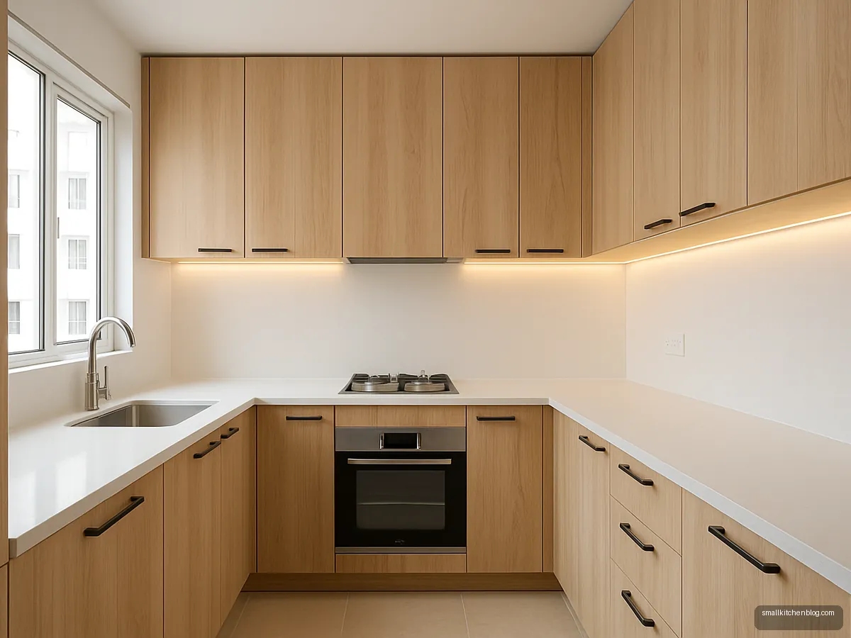Light oak laminate compact kitchen with white walls and quartz counter
