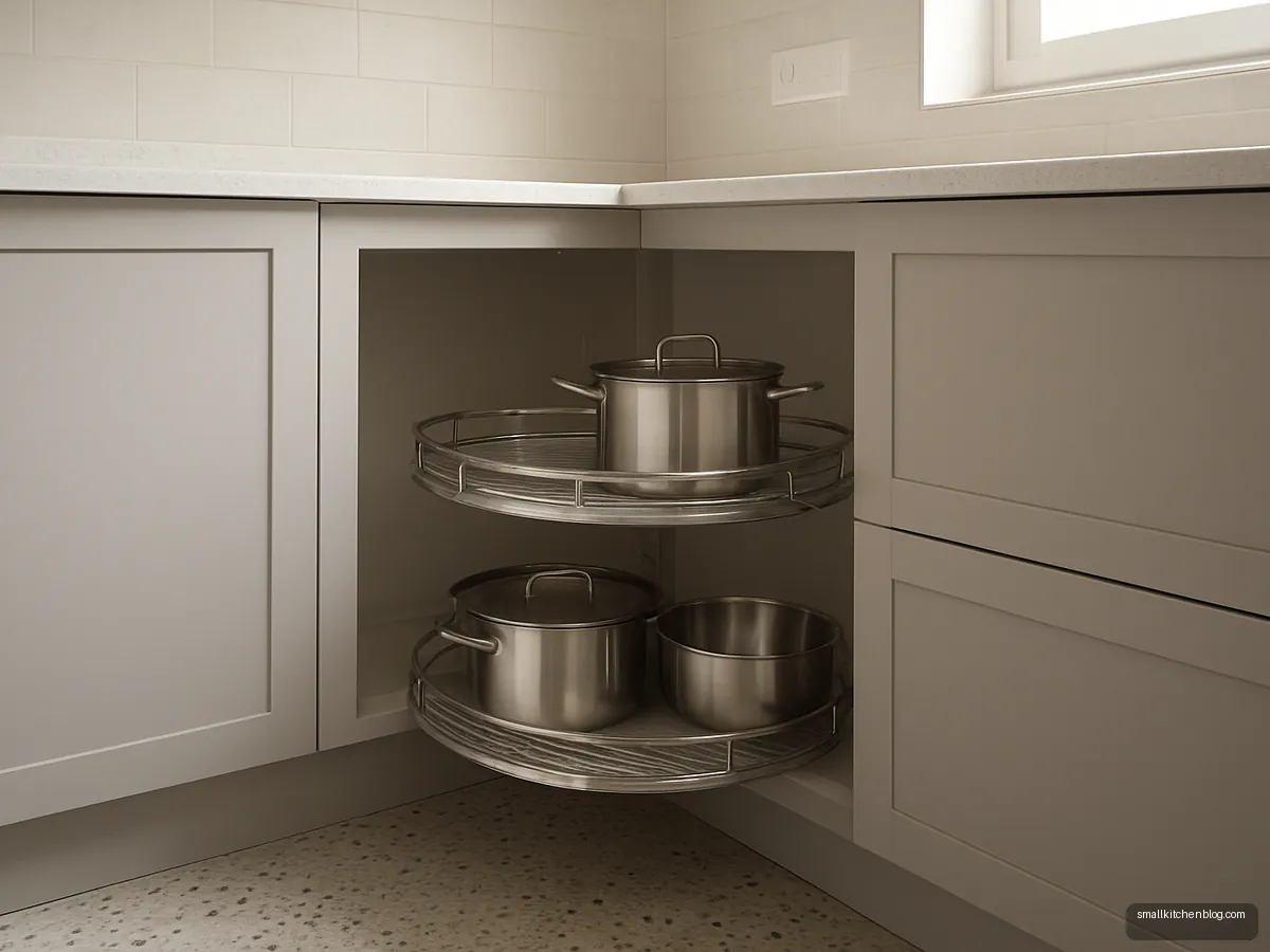 Open corner carousel unit with steel vessels in a pale grey L kitchen