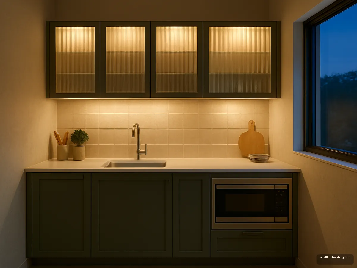 Fluted glass upper cabinets lit from inside above olive green base cabinets