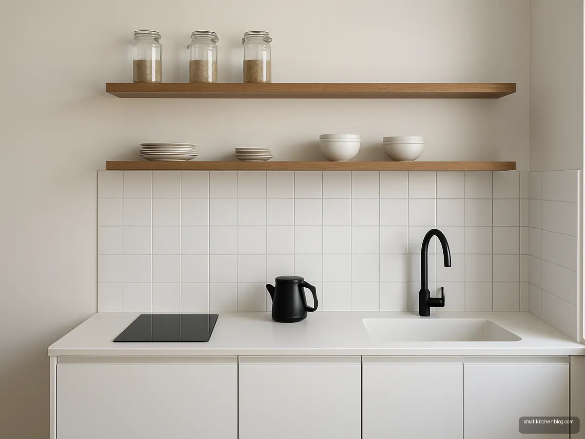 Minimal white kitchen with two walnut floating shelves and an induction cooktop