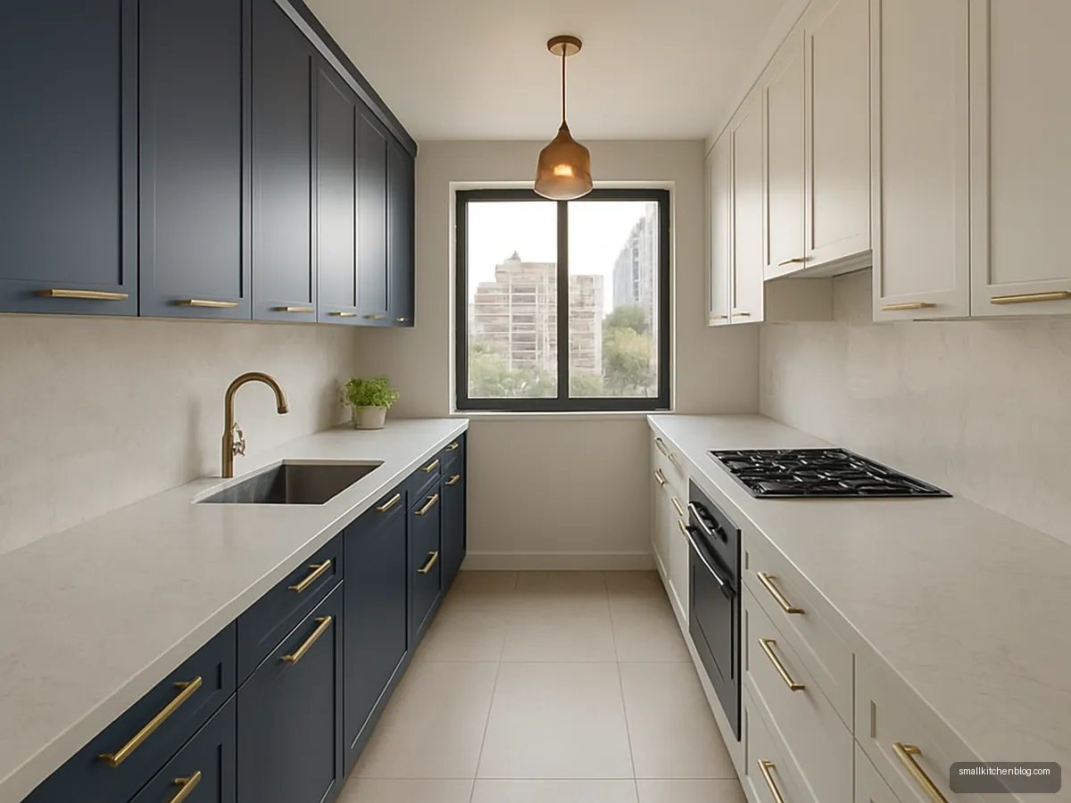 Galley kitchen with navy cabinets on one side and white on the other