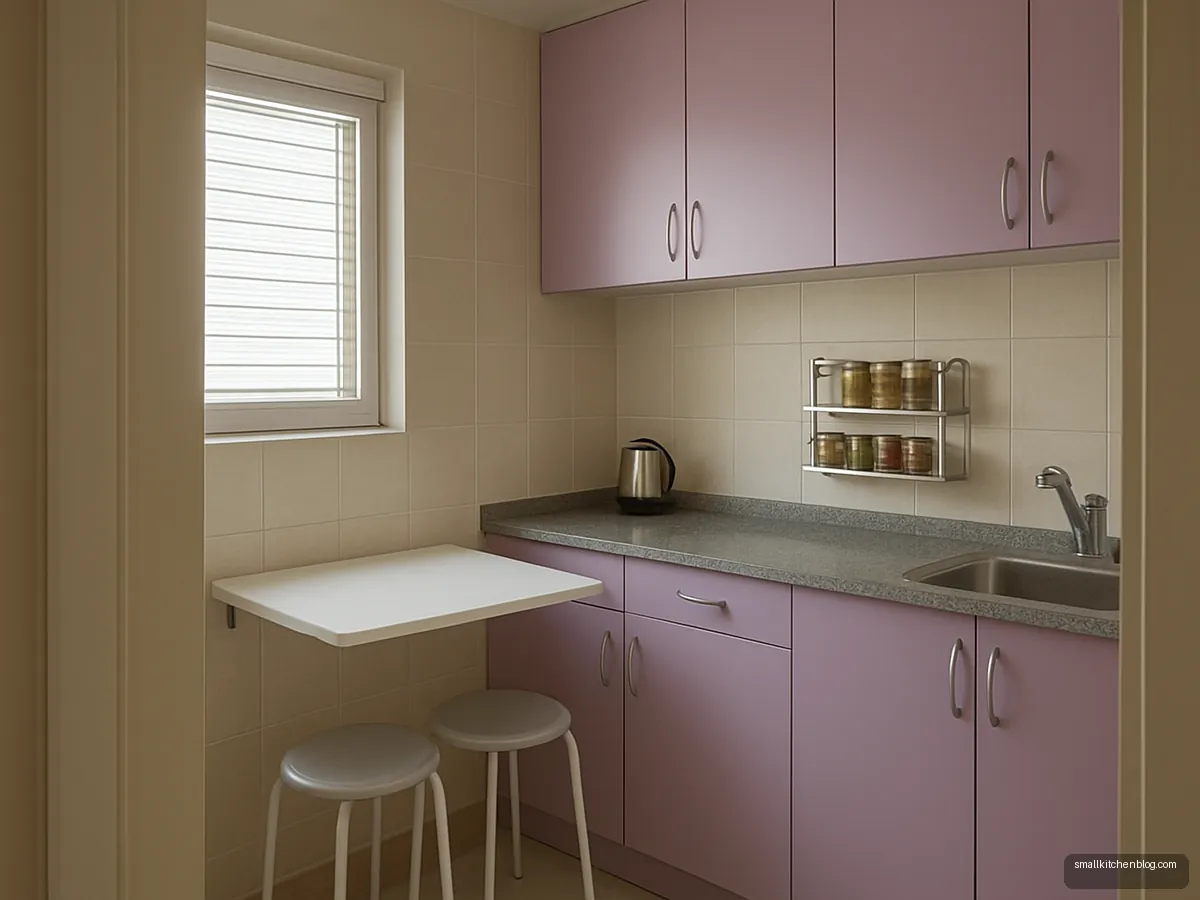 Small lilac kitchen with fold-down white breakfast table and two stools
