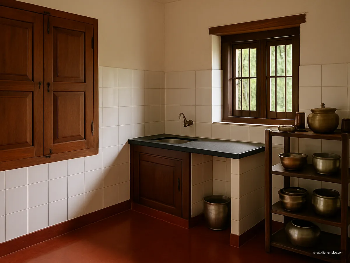 Traditional small kitchen with teak shutters and red oxide floor in Kerala