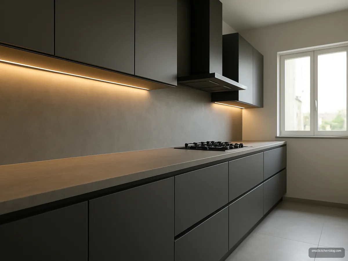 Handleless anthracite grey matte straight kitchen with gola profiles