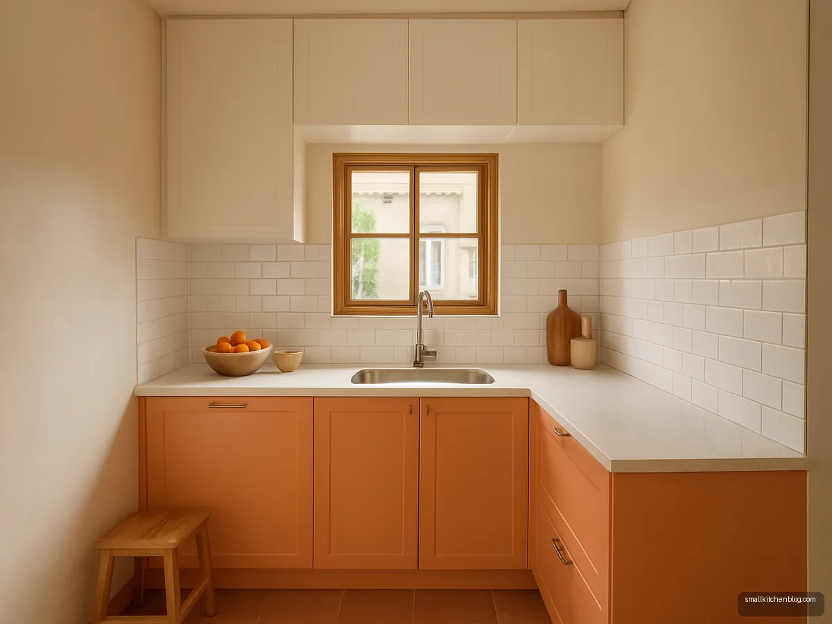 Peach kitchen with white loft cabinets near the ceiling