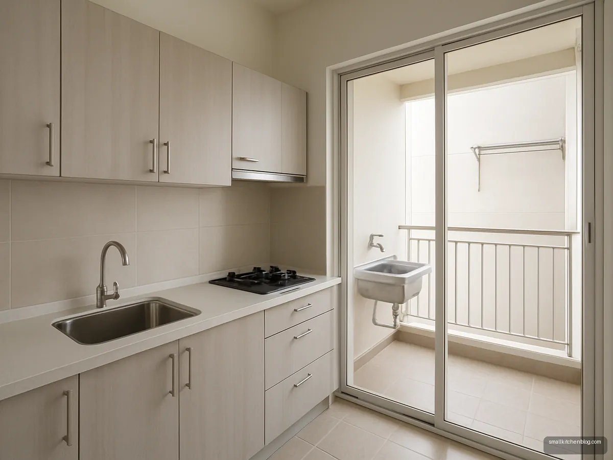 Small kitchen with sliding glass door to a utility balcony