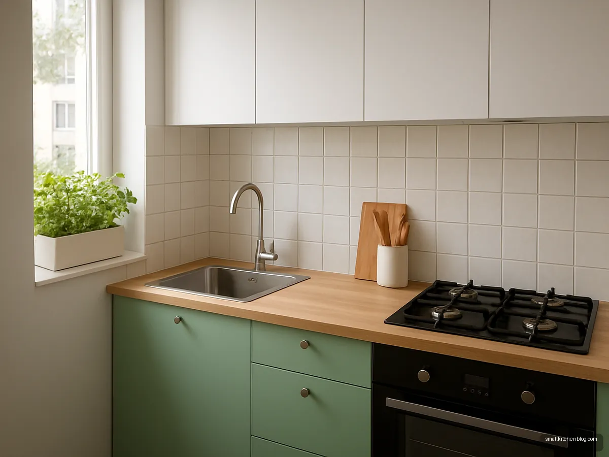Mint green galley kitchen with a herb planter at the window