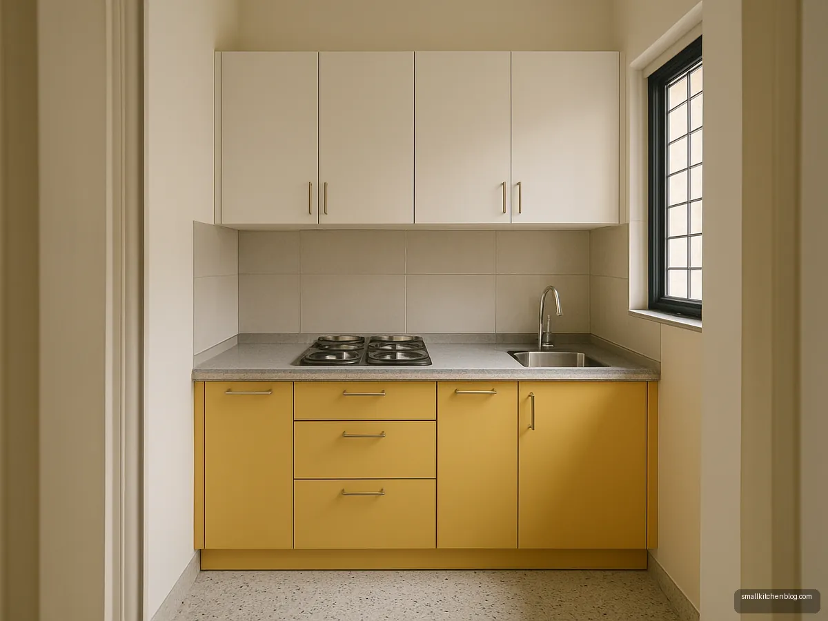 Straight yellow modular kitchen with white overhead cabinets in a small apartment