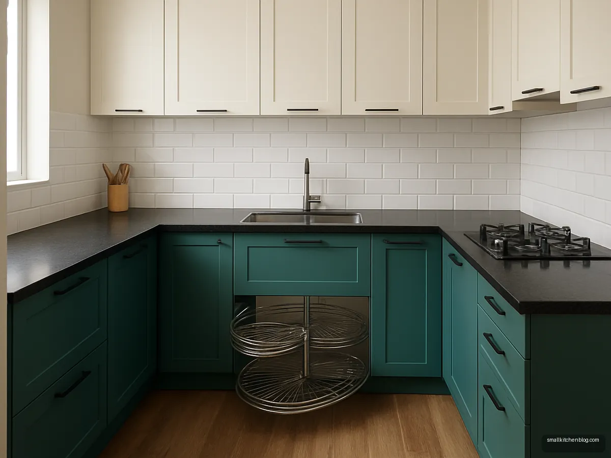 Teal and off-white L-shaped modular kitchen with a corner carousel open