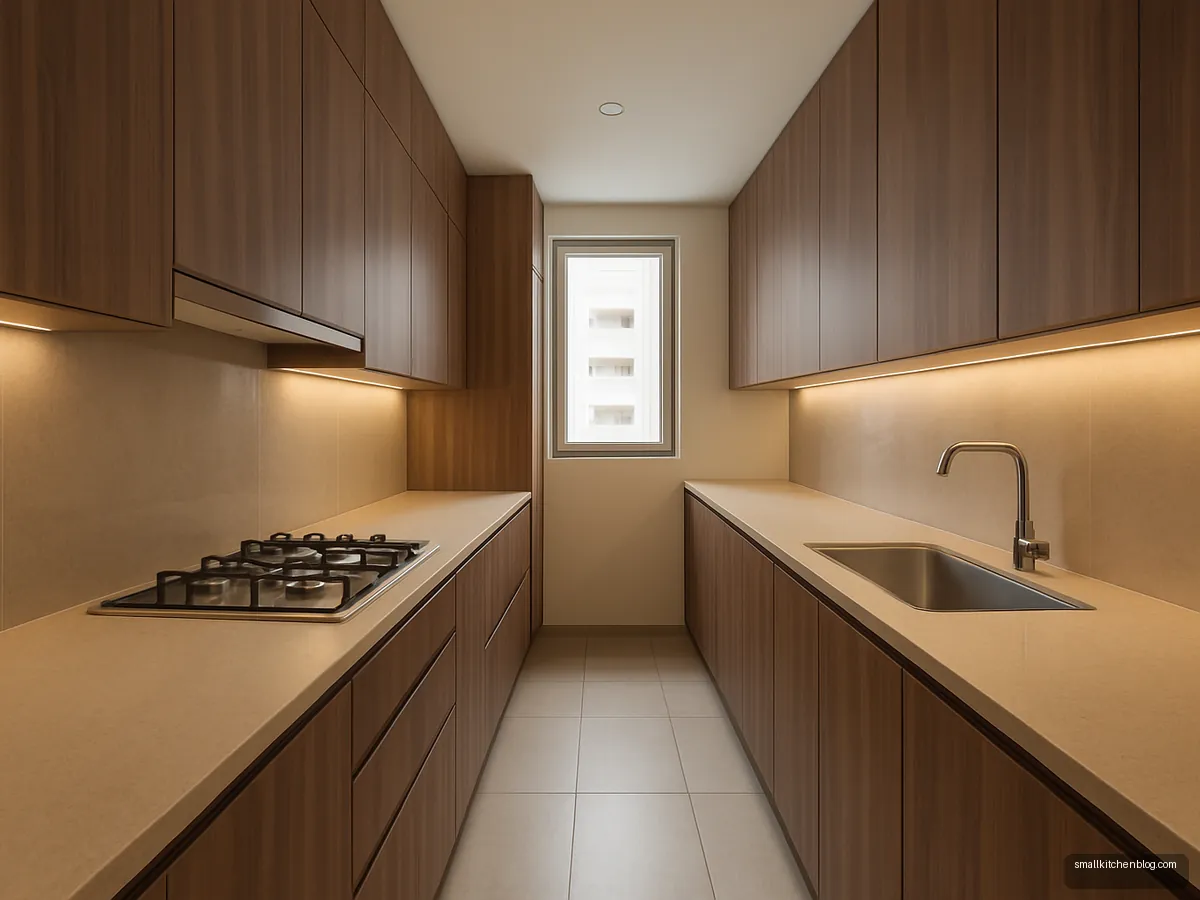 Narrow walnut galley kitchen with a tall pantry unit at the window end