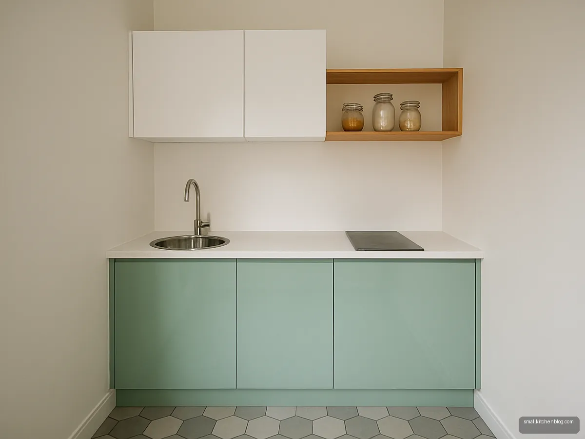 Mint green kitchenette with two-burner hob and one open shelf in a studio