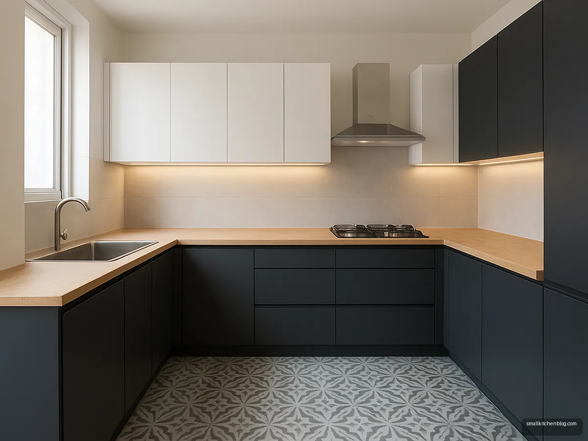 Small charcoal U-shaped modular kitchen with a light wood counter