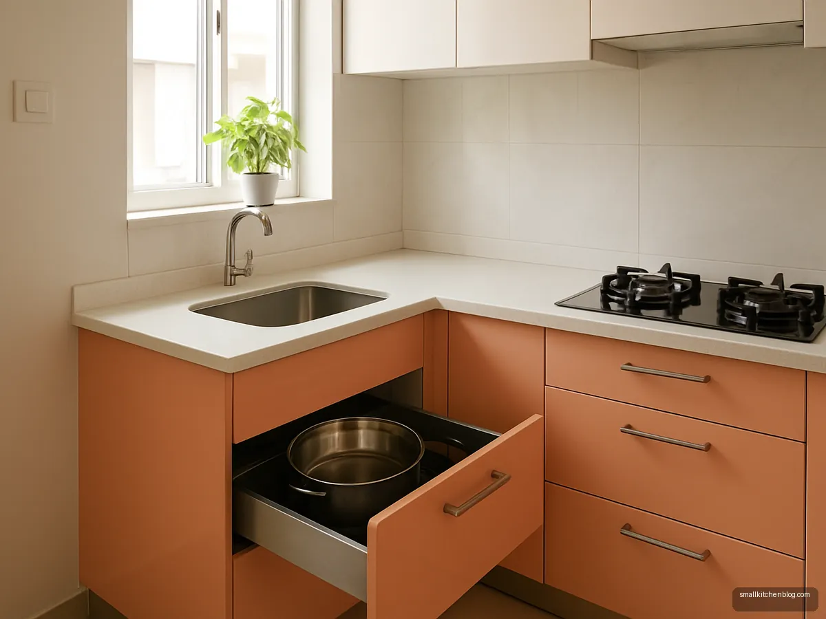 Peach glossy drawer units with one open drawer of steel vessels