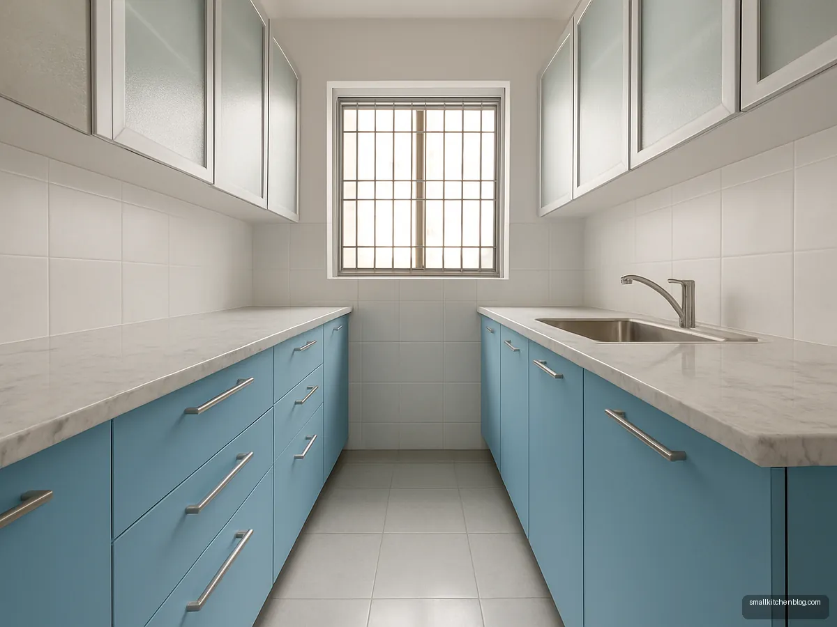 Sky blue parallel kitchen with frosted glass upper cabinets