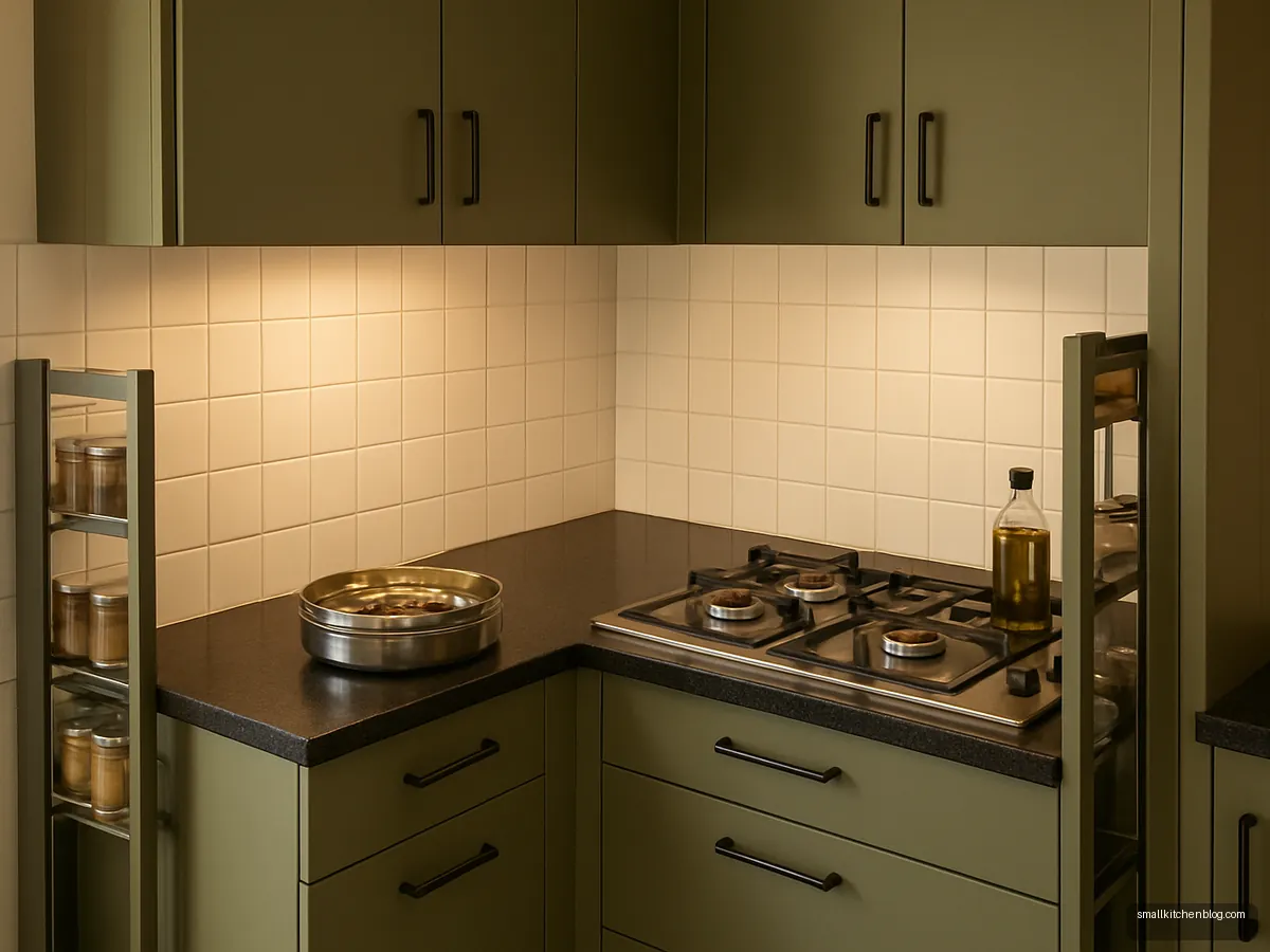Olive green kitchen with a narrow pull-out spice rack beside the hob
