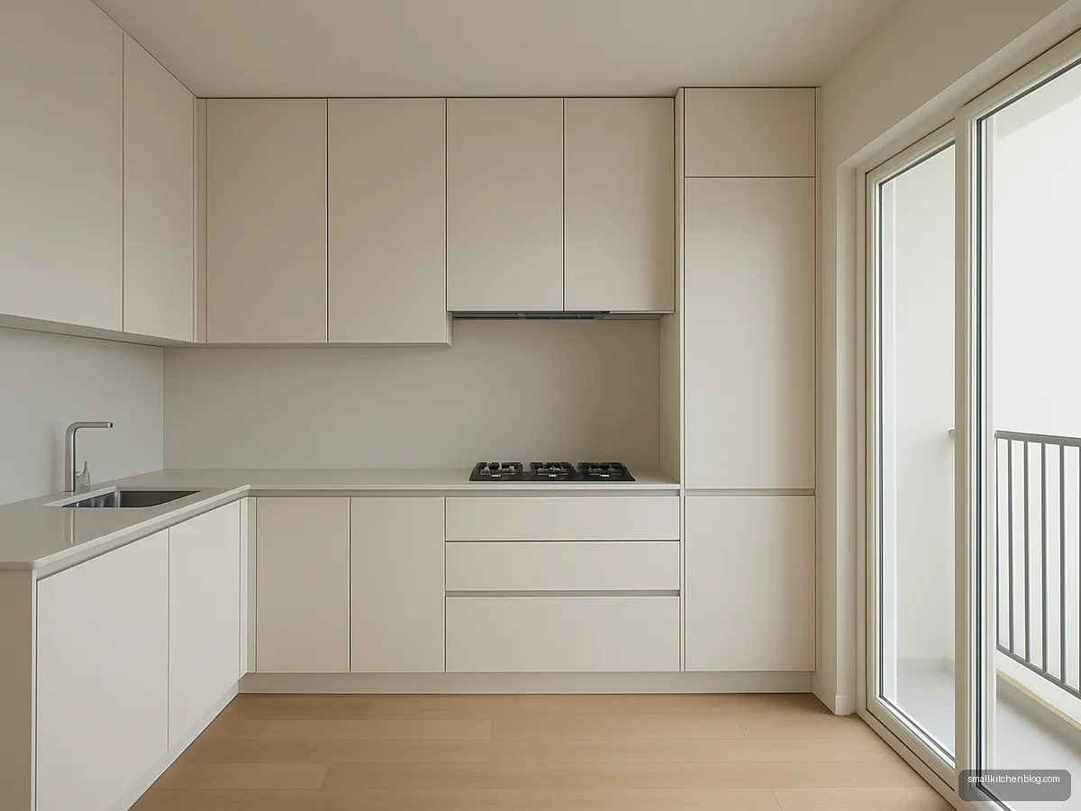 Ivory handleless L-shaped kitchen with cabinets up to the ceiling