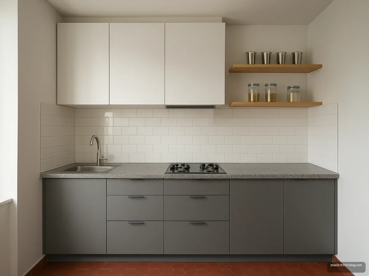 Grey and white straight kitchen with open wooden shelves