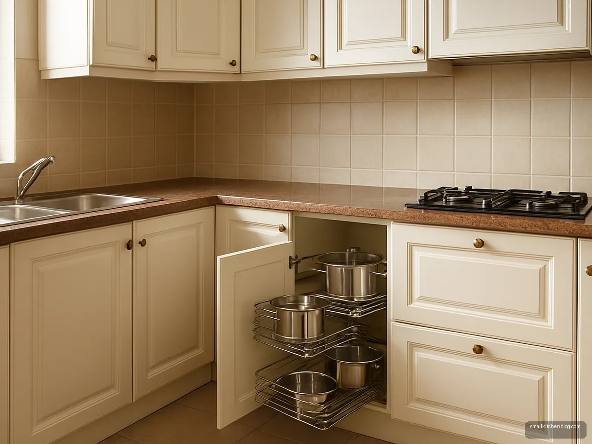 Cream classic kitchen with a magic corner pull-out opened